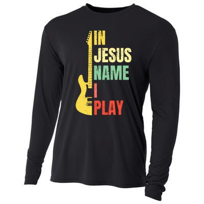 In Jesus Name I Play Guitar Christian Bass Musician Vintage Cooling Performance Long Sleeve Crew