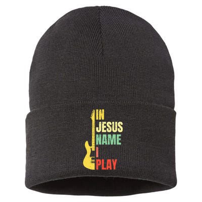 In Jesus Name I Play Guitar Christian Bass Musician Vintage Sustainable Knit Beanie