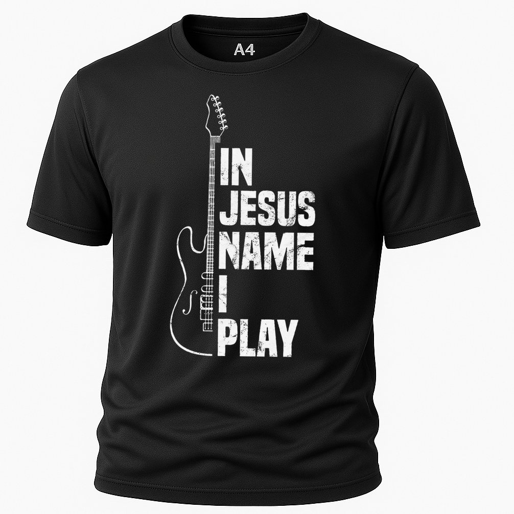 In Jesus Name I Play Guitar Christian Guitar Player Cooling Performance Crew T-Shirt