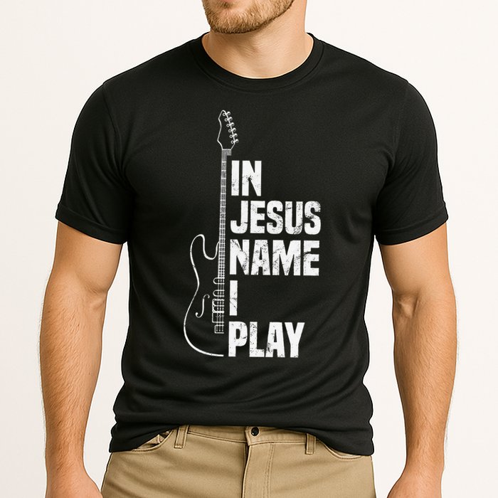In Jesus Name I Play Guitar Christian Guitar Player Cooling Performance Crew T-Shirt