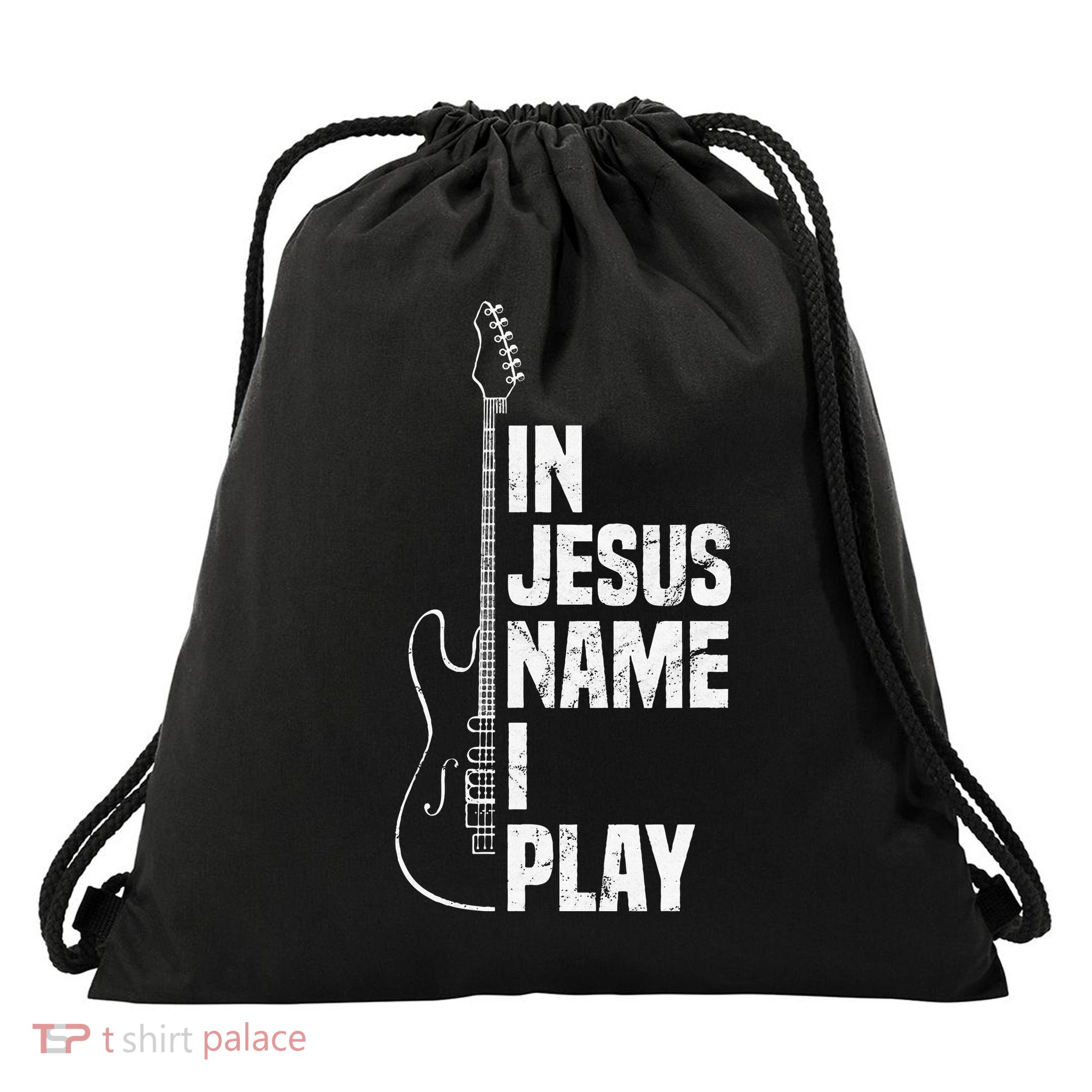 In Jesus Name I Play Guitar Christian Guitar Player Drawstring Bag