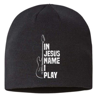 In Jesus Name I Play Guitar Christian Guitar Player Sustainable Beanie