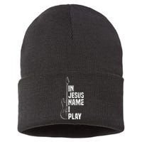 In Jesus Name I Play Guitar Christian Guitar Player Sustainable Knit Beanie