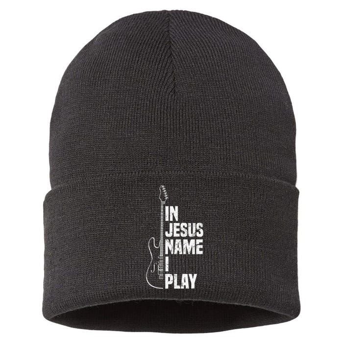 In Jesus Name I Play Guitar Christian Guitar Player Sustainable Knit Beanie