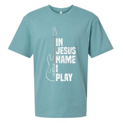 In Jesus Name I Play Guitar Christian Guitar Player Sueded Cloud Jersey T-Shirt
