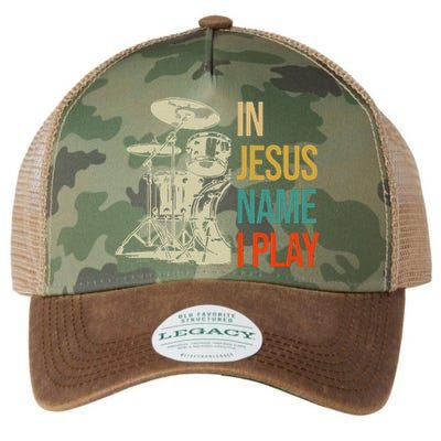 In Jesus Name I Play Vintage Drum Legacy Tie Dye Trucker Hat