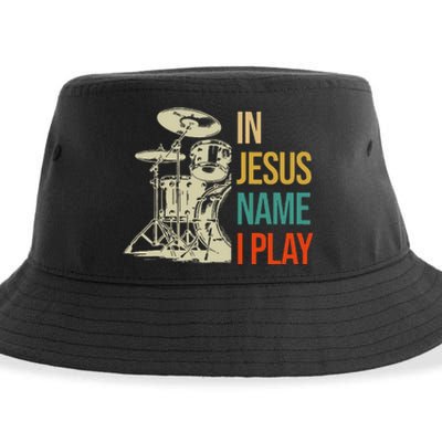 In Jesus Name I Play Vintage Drum Sustainable Bucket Hat