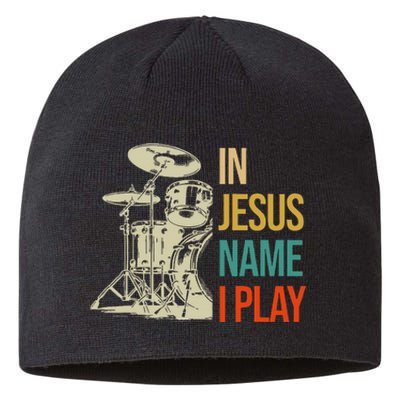 In Jesus Name I Play Vintage Drum Sustainable Beanie