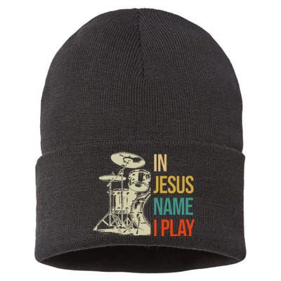 In Jesus Name I Play Vintage Drum Sustainable Knit Beanie