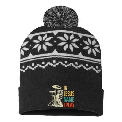 In Jesus Name I Play Vintage Drum USA-Made Snowflake Beanie