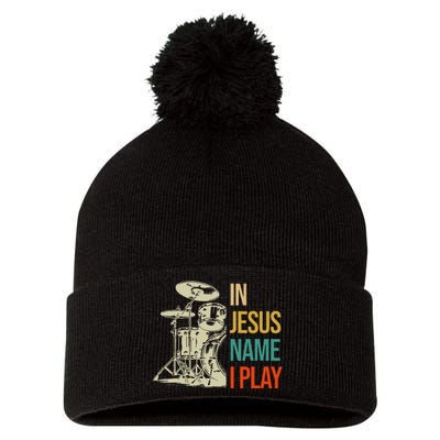 In Jesus Name I Play Vintage Drum Pom Pom 12in Knit Beanie