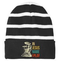 In Jesus Name I Play Vintage Drum Striped Beanie with Solid Band