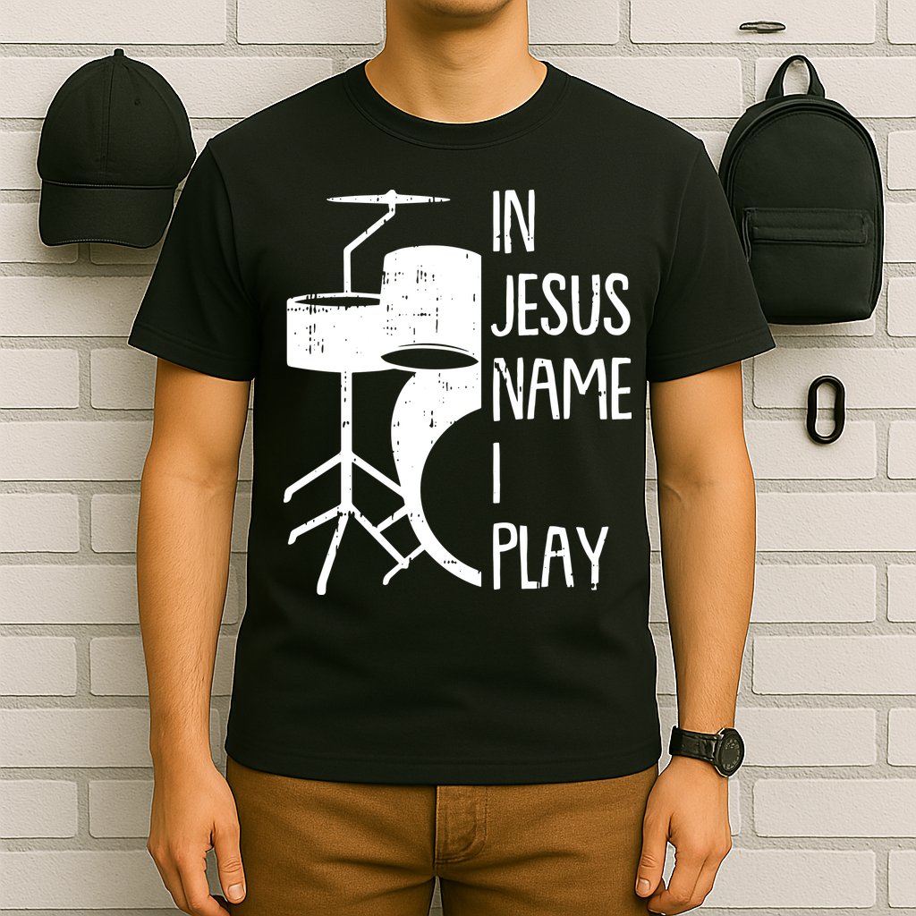 In Jesus Name Christmas Cool I Play Drum Christian T-Shirt