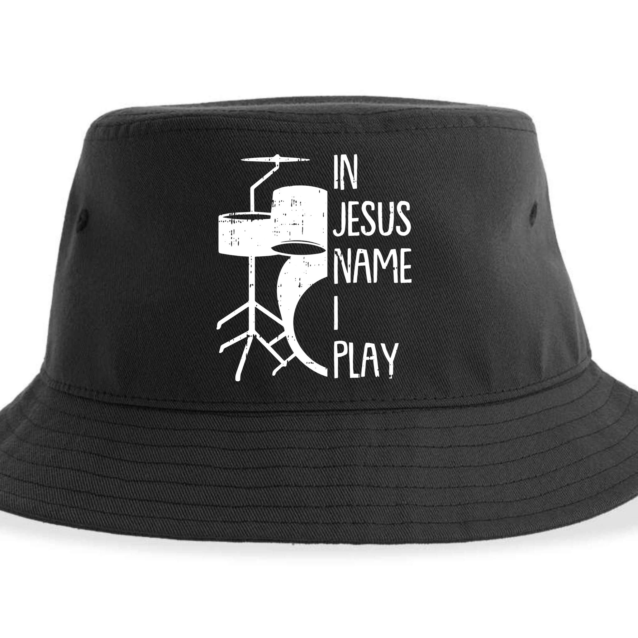 In Jesus Name Christmas Cool I Play Drum Christian Sustainable Bucket Hat