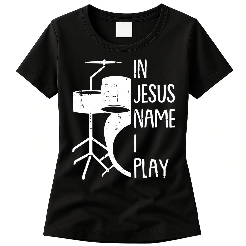 In Jesus Name Christmas Cool I Play Drum Christian Womens T-Shirt