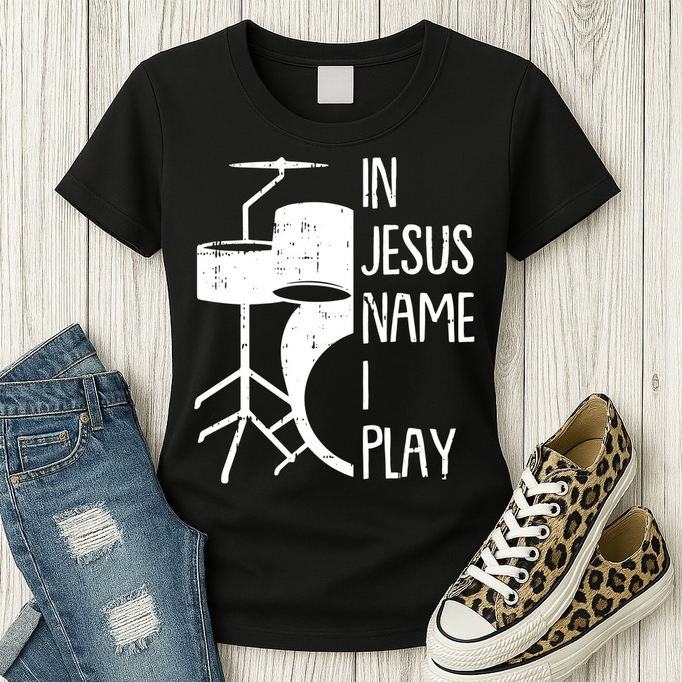 In Jesus Name Christmas Cool I Play Drum Christian Womens T-Shirt