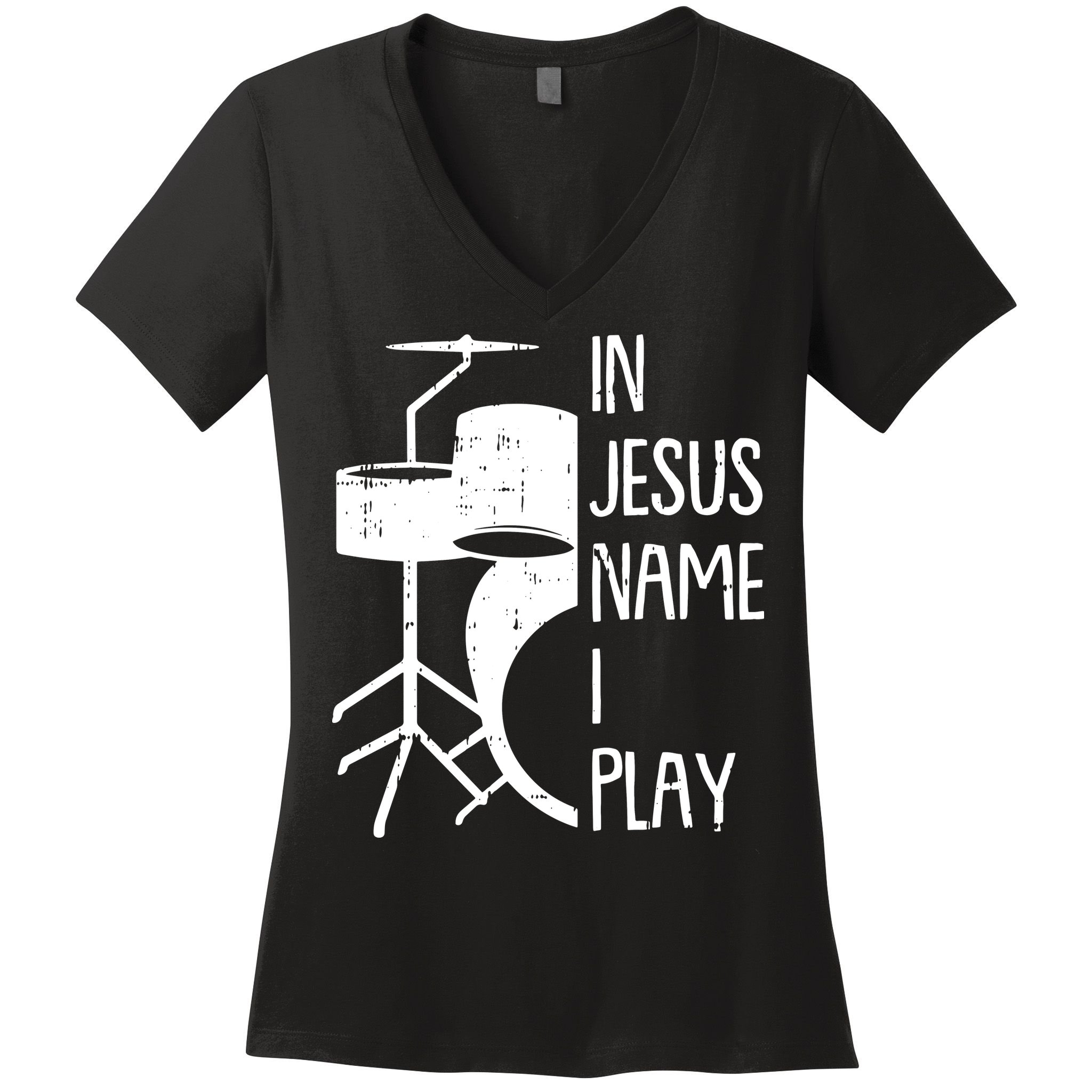 In Jesus Name Christmas Cool I Play Drum Christian Women's V-Neck T-Shirt