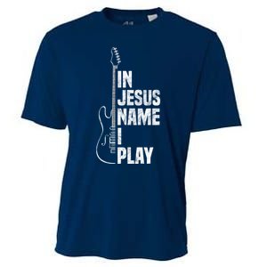 In Jesus Name I Play Guitar Christian Guitar Player Cooling Performance Crew T-Shirt