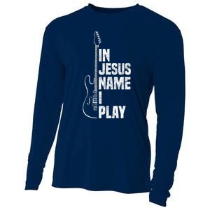 In Jesus Name I Play Guitar Christian Guitar Player Cooling Performance Long Sleeve Crew