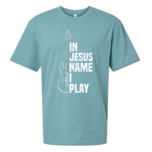 In Jesus Name I Play Guitar Christian Guitar Player Sueded Cloud Jersey T-Shirt