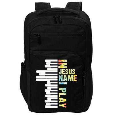 In Jesus Name I Play Piano Christian Music Vintage Impact Tech Backpack