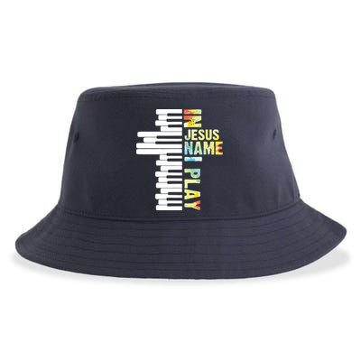 In Jesus Name I Play Piano Christian Music Vintage Sustainable Bucket Hat