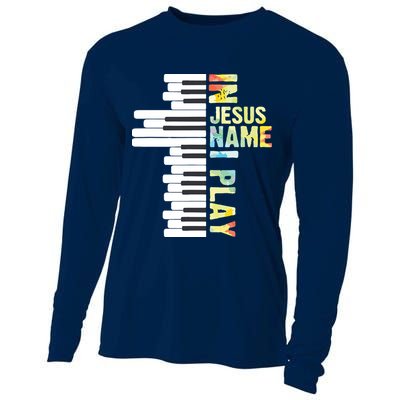 In Jesus Name I Play Piano Christian Music Vintage Cooling Performance Long Sleeve Crew