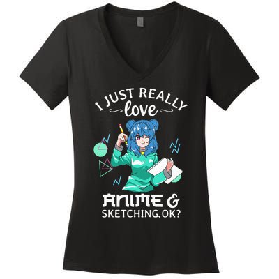 I Just Really Love Anime and Sketching Ok Anime Teen Girl Women's V-Neck T-Shirt