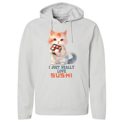 I Just Really Love Sushi Cute Japanese Cat Performance Fleece Hoodie