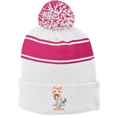 I Just Really Love Sushi Cute Japanese Cat Stripe Pom Pom Beanie