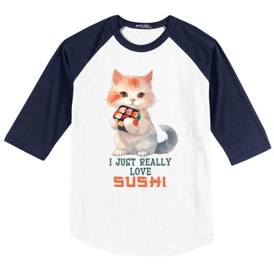 I Just Really Love Sushi Cute Japanese Cat Baseball Sleeve Shirt