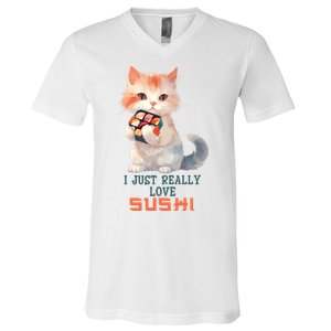 I Just Really Love Sushi Cute Japanese Cat V-Neck T-Shirt