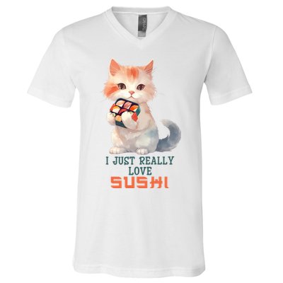 I Just Really Love Sushi Cute Japanese Cat V-Neck T-Shirt