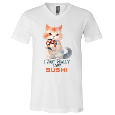 I Just Really Love Sushi Cute Japanese Cat V-Neck T-Shirt