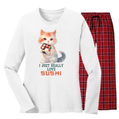 I Just Really Love Sushi Cute Japanese Cat Women's Long Sleeve Flannel Pajama Set 