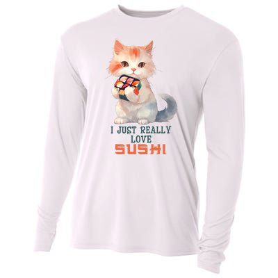 I Just Really Love Sushi Cute Japanese Cat Cooling Performance Long Sleeve Crew