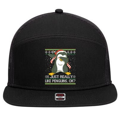 I Just Really Like Penguins Ok Ugly Christmas Cute Cute Gift 7 Panel Mesh Trucker Snapback Hat