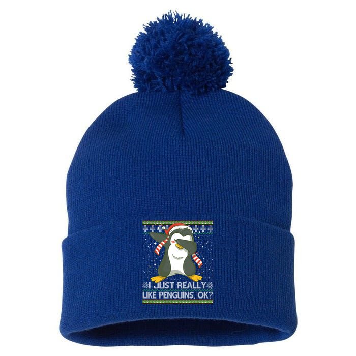 I Just Really Like Penguins Ok Ugly Christmas Cute Cute Gift Pom Pom 12in Knit Beanie