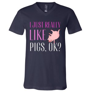 I Just Really Like Pigs Ok? Cute Pink Pigs V-Neck T-Shirt