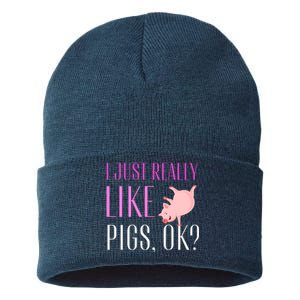 I Just Really Like Pigs Ok? Cute Pink Pigs Sustainable Knit Beanie