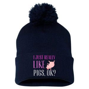 I Just Really Like Pigs Ok? Cute Pink Pigs Pom Pom 12in Knit Beanie