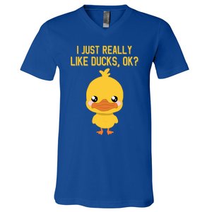 I Just Really Like Ducks Ok? Funny Cute Little Yellow Duck Gift V-Neck T-Shirt