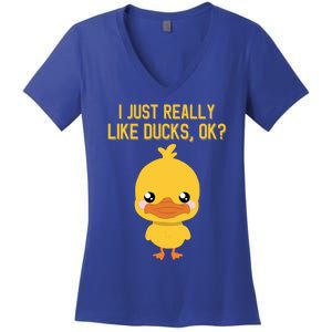 I Just Really Like Ducks Ok? Funny Cute Little Yellow Duck Gift Women's V-Neck T-Shirt