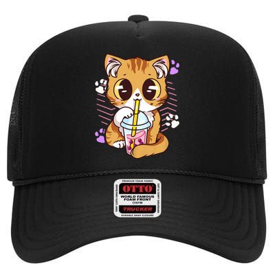 I Just Really Love Anime Cute Kawaii Cat Boba Bubble Milk Tea Anime Neko Kitten High Crown Mesh Back Trucker Hat