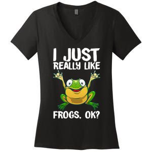 I Just Really Like Frogs Ok ? Funny Frog Gift Cool Tadpole Frog Lover Women's V-Neck T-Shirt