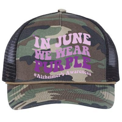 In June We Wear Purple Alzheimer Awareness Month Groovy Retro Rope Trucker Hat Cap