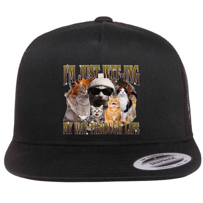 IM Just Wtfing My Way Through Life Funny Silly Cat Meme Flat Bill Trucker Hat