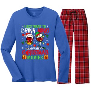 I Just Want To Wine And Watch Xmas Movies Santa Wines Great Gift Women's Long Sleeve Flannel Pajama Set 