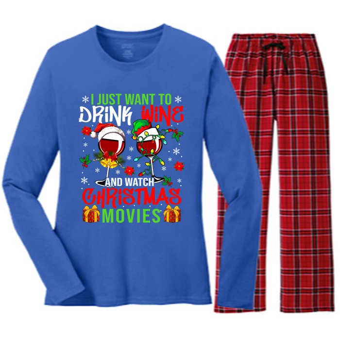 I Just Want To Wine And Watch Xmas Movies Santa Wines Great Gift Women's Long Sleeve Flannel Pajama Set 