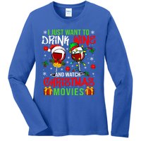 I Just Want To Wine And Watch Xmas Movies Santa Wines Great Gift Ladies Long Sleeve Shirt